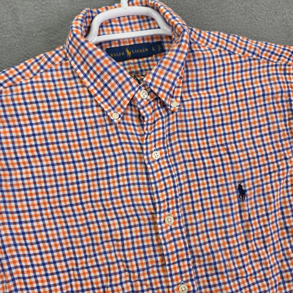 Ralph Lauren Shirt 100% Linen Short Sleeve Gingham Orange Blue Large Button Down